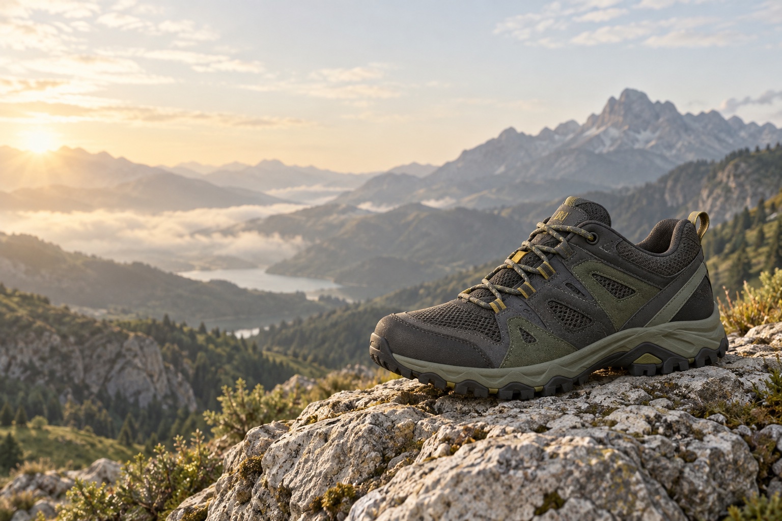 Beispielkreation: ein Trekkingschuh vor Bergkulisse